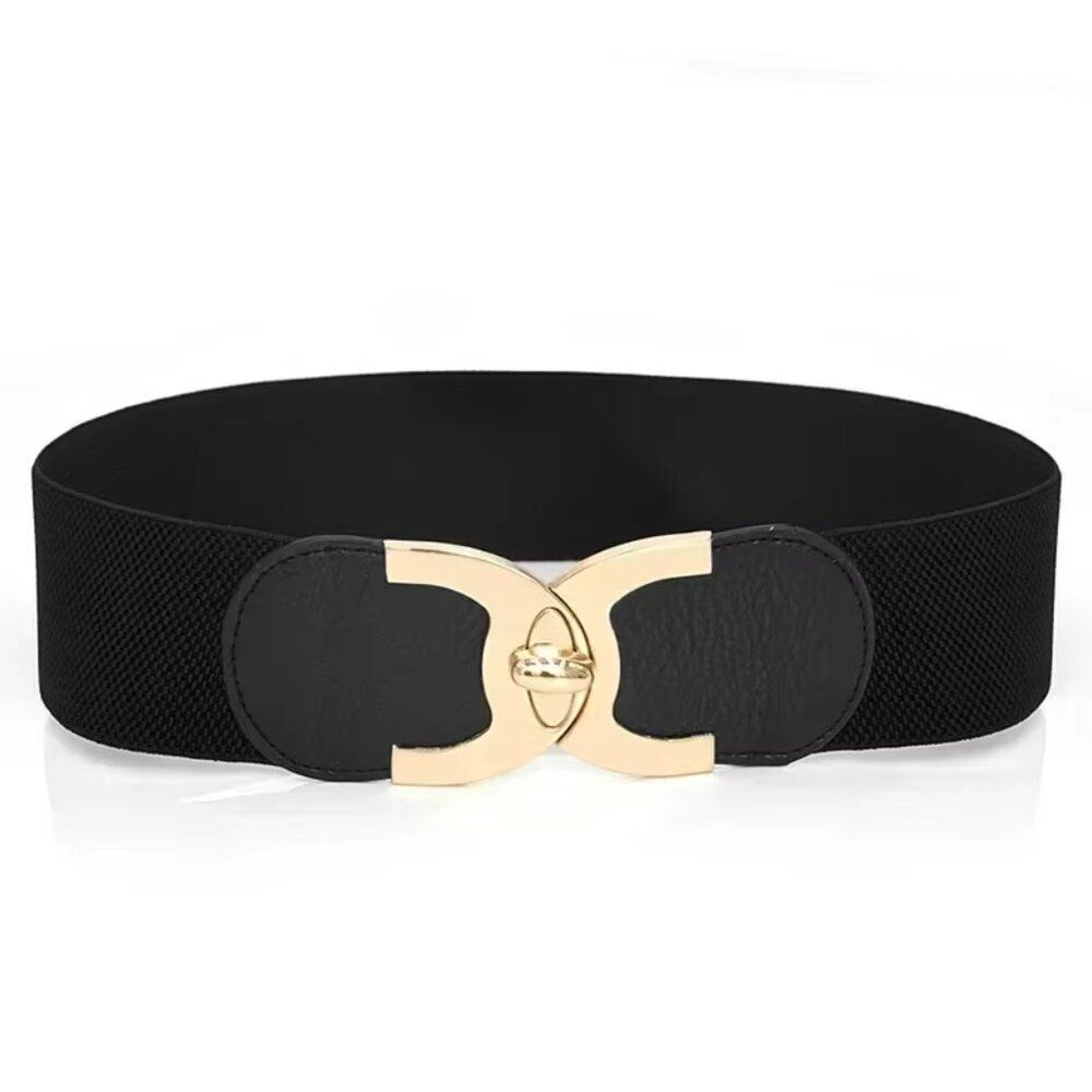Wide Stretch Waist Belt – Black with Gold Clasp | Size: S/M/L